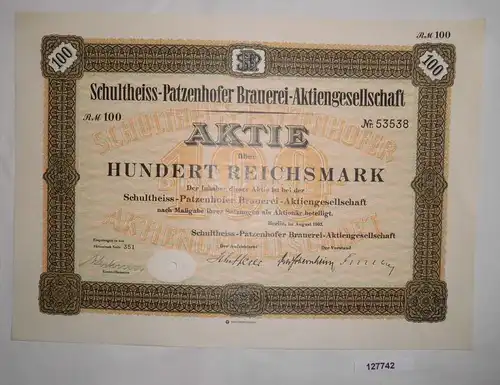 100 Mark Aktie Schultheiss Patzenhofer Brauerei in Berlin August 1932 (127742)