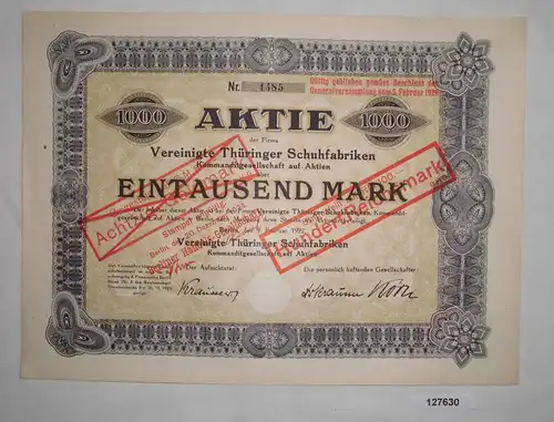 1000 Mark Aktie Vereinigte Thüringer Schuhfabriken Berlin 9.Februar 1922(127630)