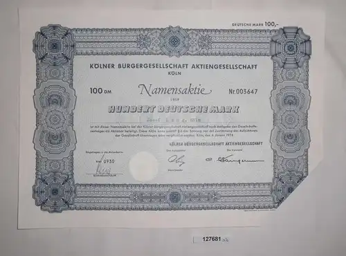 100 Mark Namensaktie Kölner Bürgergesellschaft AG Köln 4. Januar 1974 (127681)
