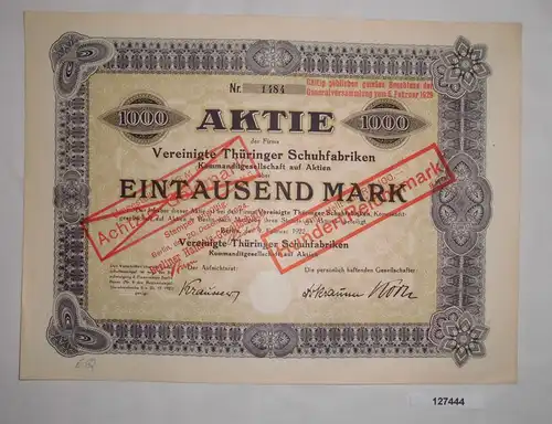1000 Mark Aktie Vereinigte Thüringer Schuhfabriken Berlin 9.Februar 1922(127444)