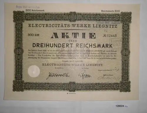 300 Reichsmark Aktie Electricitäts Werke Liegnitz 27. April 1926 (128024)