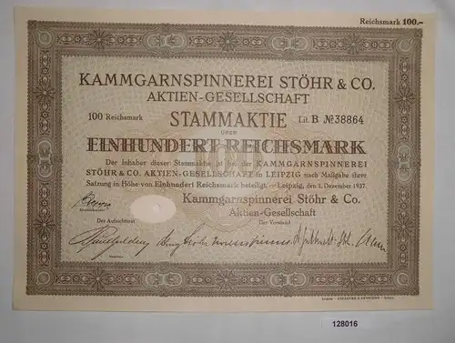 100 Reichsmark Stammaktie Kammgarnspinnerei Stöhr & Co. AG 1. Dez. 1937 (128016)