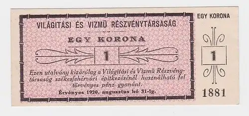 1 Korona Krone Banknote Ungarn Szekesfehervar 1920 (123340)