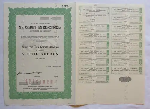 50 Gulden Aktie N.V. Crediet en Depositokas Utrecht 1958 Speciemen (137263)