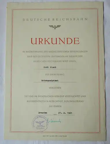DDR Urkunde Beförderung Deutsche Reichsbahn Dresden Unterassistent 1961 (136290)