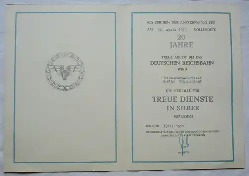DDR Urkunde 20 Jahre Treue Dienste Silber Deutsche Reichsbahn Berlin (134084)
