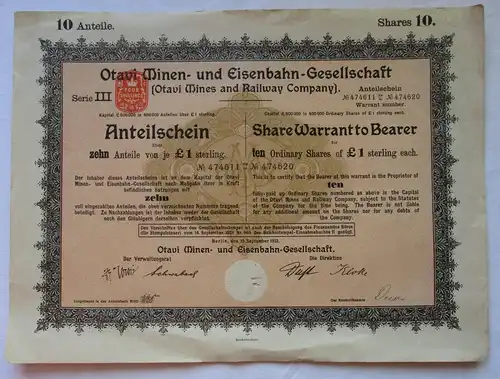 10x 1 £ Anteilsschein Aktie der Otavi Minen & Eisenbahn Gesellschaft (117861)