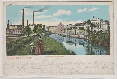 55324 AK Gruss aus Wurzen - Wurzener Kunstmühlen, Flusspartie 1904