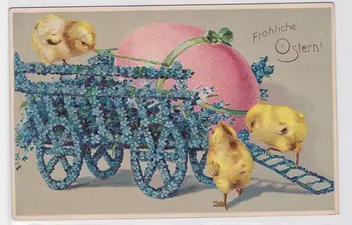 87293 Glückwunsch AK Fröhliche Ostern - Küken ziehen Ei auf Wagen 1910