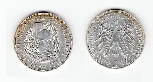 5 Mark Silber Münze Deutschland Gottfried Wilhelm Leibniz 1966 D (129292)