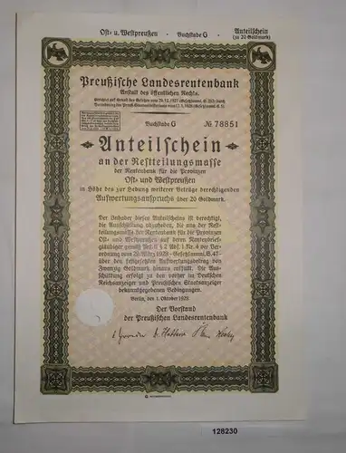 Anteilschein Ostpreußen Preußische Landesrentenbank Berlin 1.10.1928 (128230)