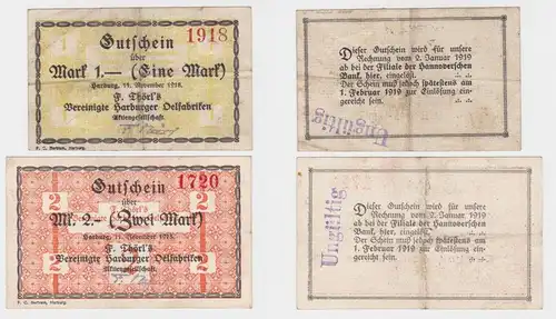 1 & 2 Mark Banknoten F.Törls vereinigte Harburger Ölfabriken 11.11.1918 (133039)