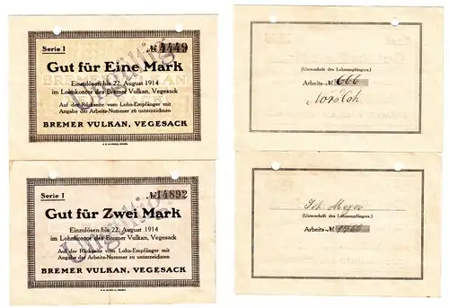 1 und 2 Mark Banknoten Lohnschecks Bremer Vulkan Werft Vegesack 1914 (110510)