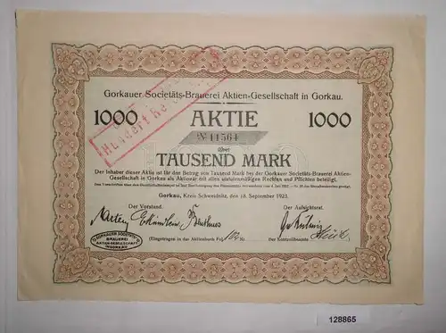 1000 Mark Aktie Gorkauer Societäts Brauerei AG 18. September 1923 (128865)
