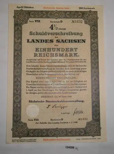 100 RM Schuldverschreibung Sächsische Staatsschuldenverwaltung 1940 (124288)