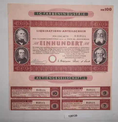 100 Reichsmark Aktie IG Farbenindustrie AG Frankfurt Main März 1953 (128139)