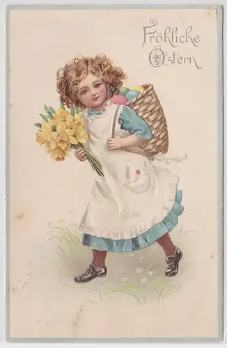 51729 Präge AK Fröhliche Ostern Mädchen mit Kiepe mit Ostereiern 1908