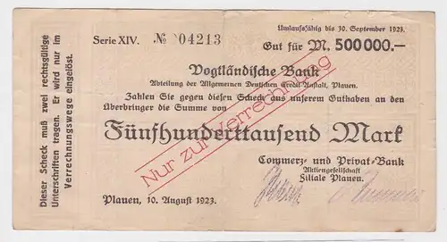 500000 Mark Banknote Vogtländische Bank Plauen 10.08.1923 (121252)