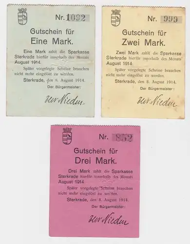 1, 2 & 3 Mark Banknoten Notgeld Sparkasse Sterkrade 1914 (132811)