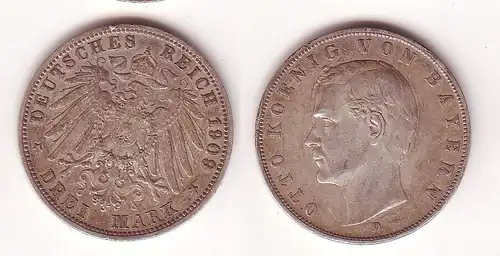 3 Mark Silbermünze Bayern König Otto 1909 Jäger 47  (109536)