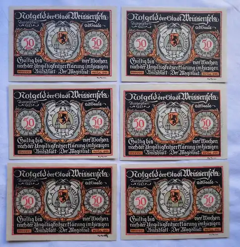 6x 50 Pfennig Banknoten Notgeld Stadt Weissenfels 1921 (112058)