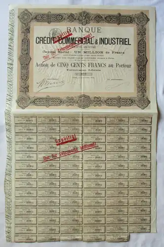 500 Francs Aktie Banque Crédit Commervial & Industriel Paris 1879 (130228)