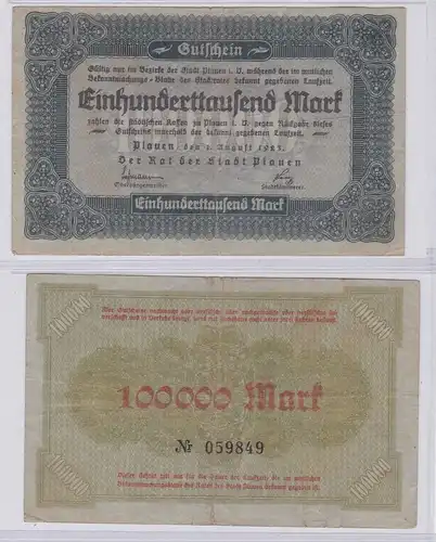 100000 Mark Banknote Inflation Stadt Plauen 1.8.1923 (126271)