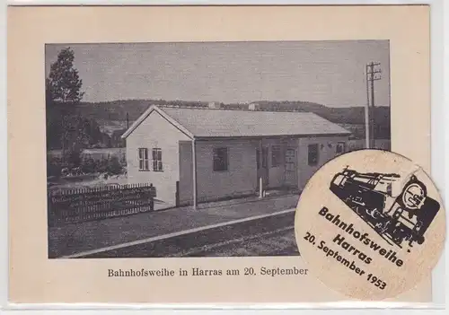 905469 AK Bahnhofsweihe in Harras am 20. September 1953 + Pappanhänger