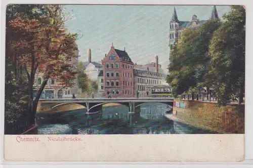 80120 AK Chemnitz - Nicolaibrücke mit Straßenbahn um 1900