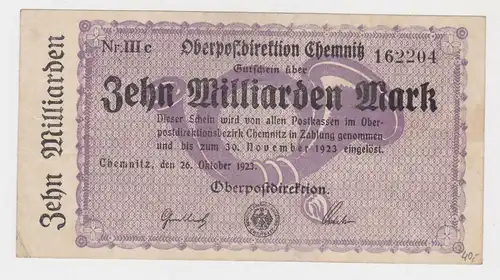 10 Milliarden Mark Banknote Chemnitz Oberpostdirektion 26.10.1923 (130682)