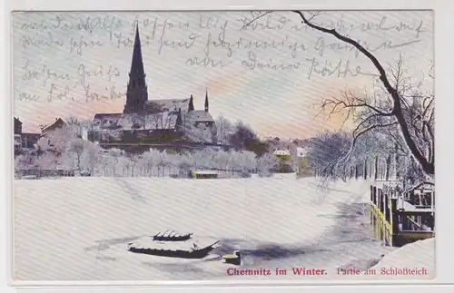 906138 Ak Chemnitz - im Winter, Partie am Schloßteich, Totalansicht 1925
