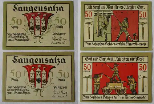 2x 50 Pfennig Banknoten Notgeld Stadt Langensalza 1921 Feuerwehr Serie (122667)