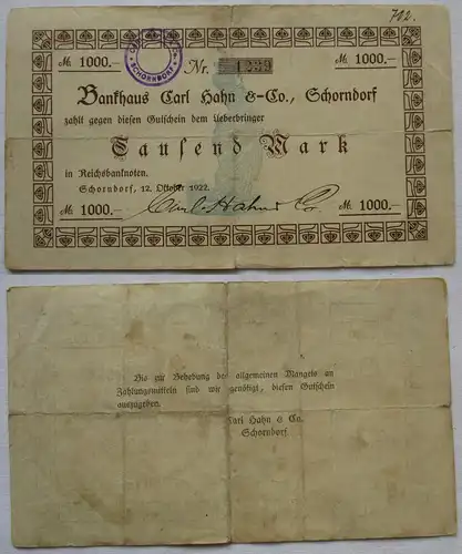 1000 Mark Banknote Bankhaus Carl Hahn & Co. Schorndorf 12.10.1922 (129722)