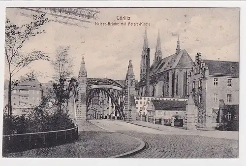 84457 Ak Görlitz Neiße-Brücke mit Peters-Kirche 1916