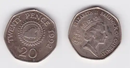 20 Pence Kupfer Nickel Münze Guernsey 1992 Landkarte vz (164839)