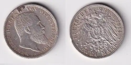 2 Mark Silbermünze Württemberg König Wilhelm II 1914 Jäger 174  (152541)