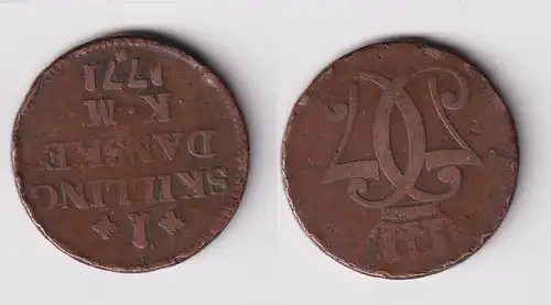 1 Skilling Kupfer Münze Dänemark 1771 K.M. s/ss (153514)