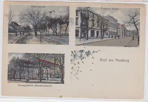 901759 Ak Gruß aus Annaburg Mühlenstraße, Steingutfabrik, Torgauer Straße 1912