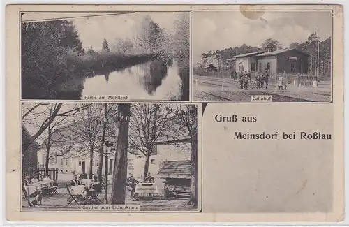 21951 Ak Gruß aus Meinsdorf bei Roßlau Bahnhof, Gasthof usw. 1913