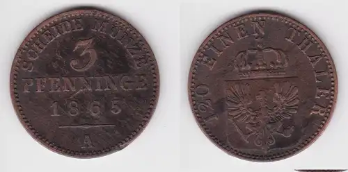3 Pfennige Kupfer Münze Preussen Wilhelm I 1865 A f.ss (154828)