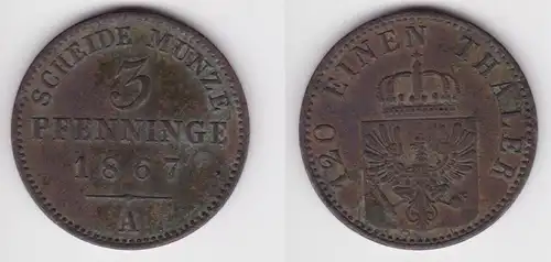 3 Pfennige Kupfer Münze Preussen Wilhelm I 1867 A f.ss (152818)