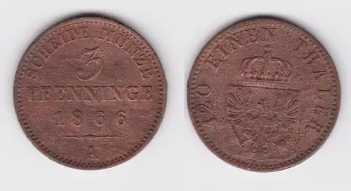 3 Pfennige Kupfer Münze Preussen Wilhelm I 1866 A f.ss (150862)