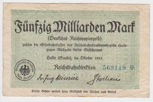 50 Milliarden Mark Banknote Halle Reichsbahndirektion 24.10.1923 (153975)