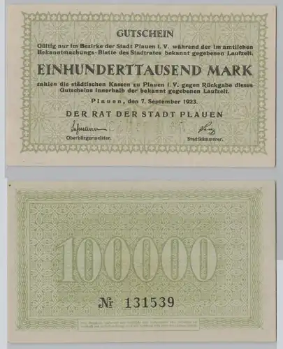 100000 Mark Banknote Stadt Plauen 7.9.1923 kassenfrisch (149584)