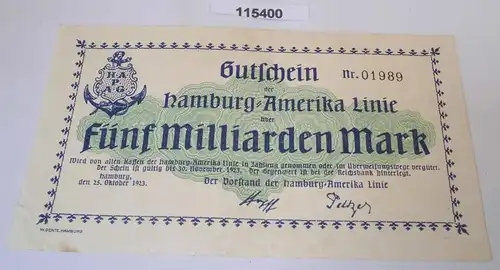 5 Milliarden Mark Banknote Inflation Hamburg Amerika Linie 25.10.1923 (115400)