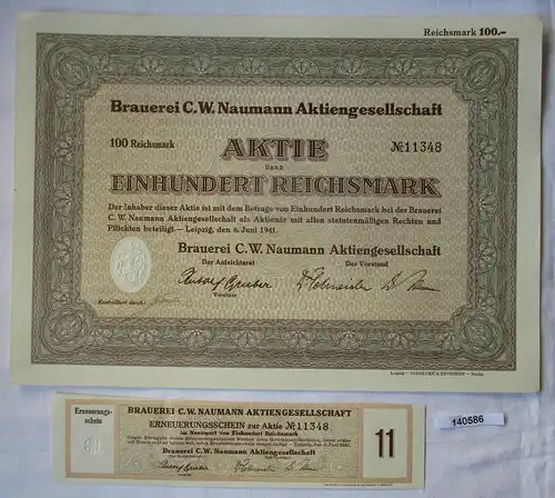 100 Reichsmark Aktie Brauerei C.W. Naumann AG Leipzig 6.Juni 1941 (140586)