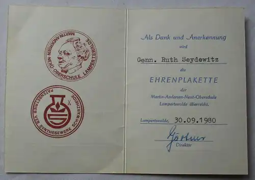 Urkunde zur Ehrenplakette der M.A. Nexö Oberschule Lampertswalde 1980 (128308)