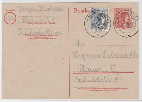 96263 Ganzsachenkarte SBZ Lokalausgaben Plauen im Vogtland 9.7.1948