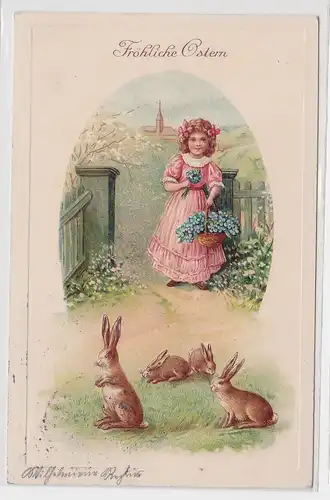 10808 Präge AK Fröhliche Ostern Kind mit Vergißmeinnichtkorb, 4 Hasen 1914
