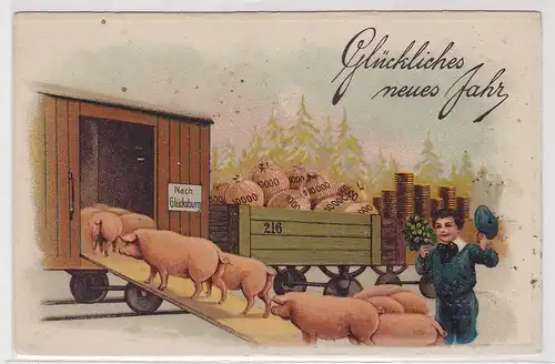 93281 Präge AK Glückliches neues Jahr Schweinetransport und Geldsäcke 1917